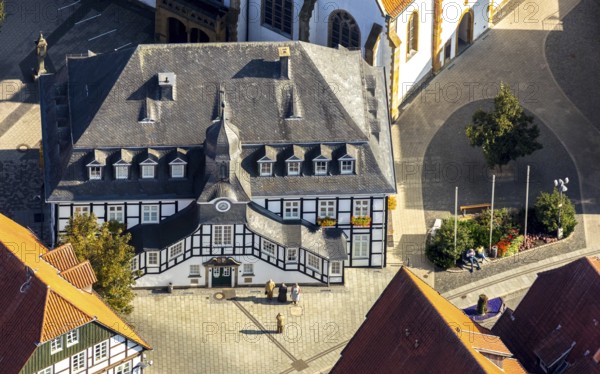 Aerial view, Rietberg town hall, Rietberg, OWL, Ostwestfalen-Lippe, East Westphalia, North Rhine-Westphalia, Germany, authority, DE, Europe, half-timbered houses, aerial view, aerial photography, aerial photography, OWL book, OWL book, town hall, town hall street, sight, city administration, overview, bird's-eye view, overview