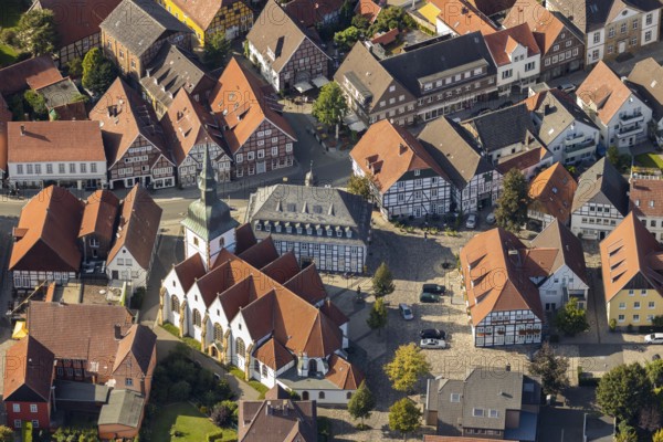Aerial view, old town centre, Rietberg town hall, catholic parish church St. Johannes Baptist, Rietberg, OWL, Ostwestfalen-Lippe, East Westphalia, North Rhine-Westphalia, Germany, Old Town Bolzenmarkt, Old Town view, place of worship, authority, DE, Europe, half-timbered houses, religious community, place of worship, holy site, church, parish, denomination, aerial view, aerial photography, aerial photography, OWL-Buch, OWL-Buch, parish church, town hall, Rathausstraße, religion, religious site, place of interest, city administration, overview, administration, bird's-eye view, birds-eyes view, historic city centre, overview