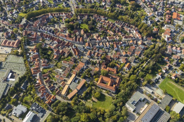 Aerial view, Old Town, Rietberg Town Hall, St. Johannes Baptist Catholic Parish Church, Rietberg, OWL, East Westphalia-Lippe, East Westphalia, North Rhine-Westphalia, Germany, Old People's Home, St. Johannes Baptist Nursing Home, Old People's Home, Old Town Bolzenmarkt, Old Town View, Old Town Ring, Place of Worship, Authority, Care and Nursing, DE, Europe, Half-timbered houses, Religious Community, House of God, Holy Place, Church, Church Community, Convent Church St. Katharina, denomination, aerial view, aerial photography, aerial photography, OWL-Buch, OWLBuch, parish church, care facility, town hall, Rathausstraße, religion, religious site, place of interest, retirement home, retirement residence, retirement home, retirement centre, city administration, overview, administration, bird's-eye view, birds-eyes view, historic city centre, overview
