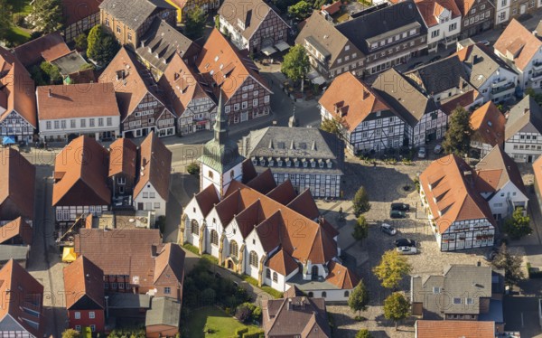 Aerial view, old town centre, Rietberg town hall, catholic parish church St. Johannes Baptist, Rietberg, OWL, Ostwestfalen-Lippe, East Westphalia, North Rhine-Westphalia, Germany, Old Town Bolzenmarkt, Old Town view, place of worship, authority, DE, Europe, half-timbered houses, religious community, place of worship, holy site, church, parish, denomination, aerial view, aerial photography, aerial photography, OWL-Buch, OWL-Buch, parish church, town hall, Rathausstraße, religion, religious site, place of interest, city administration, overview, administration, bird's-eye view, birds-eyes view, historic city centre, overview