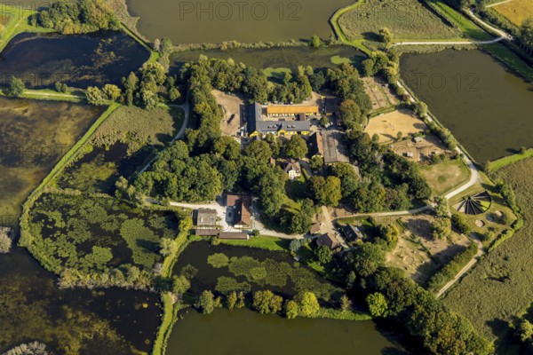 Aerial view, Rietberg estate, pond meadows, Rietberg fish ponds, Rietberg, OWL, East Westphalia-Lippe, East Westphalia, North Rhine-Westphalia, Germany, DE, Europe, river Ems, moat, aerial view, aerial photography, aerial photography, mosaic form, OWL book, OWL book, Rietberg Ems lowlands, Rietberg castle, castle road, overview, bird's-eye view, Weser Renaissance, meadows and fields, birds-eyes view, overview