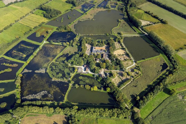Aerial view, Rietberg estate, pond meadows, Rietberg fish ponds, Rietberg, OWL, East Westphalia-Lippe, East Westphalia, North Rhine-Westphalia, Germany, DE, Europe, river Ems, moat, aerial view, aerial photography, aerial photography, mosaic form, OWL book, OWL book, Rietberg Ems lowlands, Rietberg castle, castle road, overview, bird's-eye view, Weser Renaissance, meadows and fields, birds-eyes view, overview