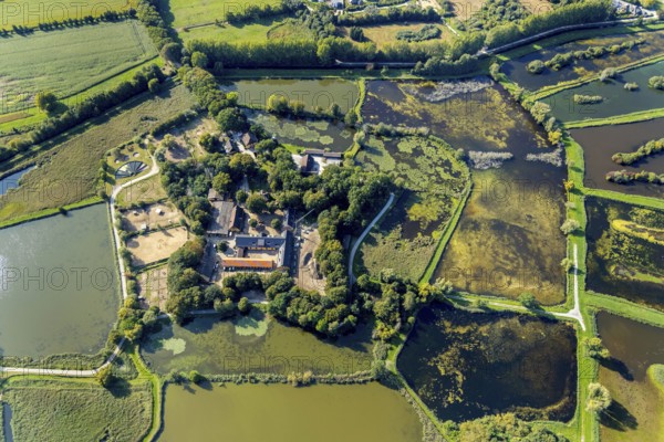 Aerial view, Rietberg estate, pond meadows, Rietberg fish ponds, Rietberg, OWL, East Westphalia-Lippe, East Westphalia, North Rhine-Westphalia, Germany, DE, Europe, river Ems, moat, aerial view, aerial photography, aerial photography, mosaic form, OWL book, OWL book, Rietberg Ems lowlands, Rietberg castle, castle road, overview, bird's-eye view, Weser Renaissance, meadows and fields, birds-eyes view, overview