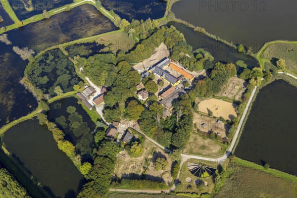 Aerial view, Rietberg estate, pond meadows, Rietberg fish ponds, Rietberg, OWL, East Westphalia-Lippe, East Westphalia, North Rhine-Westphalia, Germany, DE, Europe, river Ems, moat, aerial view, aerial photography, aerial photography, mosaic form, OWL book, OWL book, Rietberg Ems lowlands, Rietberg castle, castle road, overview, bird's-eye view, Weser Renaissance, meadows and fields, birds-eyes view, overview