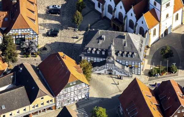 Aerial view, Rietberg town hall, Rietberg, OWL, Ostwestfalen-Lippe, East Westphalia, North Rhine-Westphalia, Germany, authority, DE, Europe, half-timbered houses, aerial view, aerial photography, aerial photography, OWL book, OWL book, town hall, town hall street, sight, city administration, overview, bird's-eye view, overview
