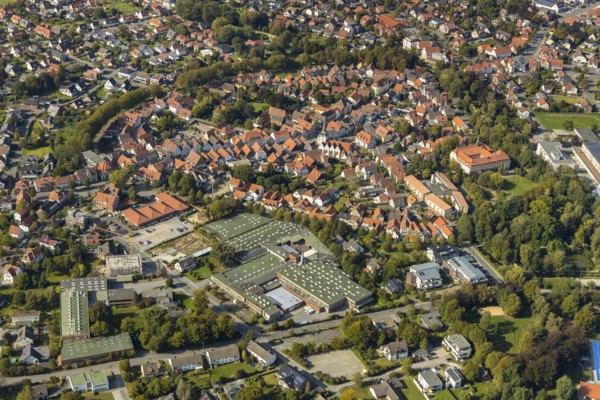Aerial view, Old Town, Rietberg Town Hall, St. Johannes Baptist Catholic Parish Church, Rietberg, OWL, East Westphalia-Lippe, East Westphalia, North Rhine-Westphalia, Germany, Old People's Home, St. Johannes Baptist Nursing Home, Old People's Home, Old Town Bolzenmarkt, Old Town View, Old Town Ring, Place of Worship, Authority, Care and Nursing, DE, Europe, Half-timbered houses, Religious Community, House of God, Holy Place, Church, Church Community, Convent Church St. Katharina, denomination, aerial view, aerial photography, aerial photography, OWL-Buch, OWLBuch, parish church, care facility, town hall, Rathausstraße, religion, religious site, place of interest, retirement home, retirement residence, retirement home, retirement centre, city administration, overview, administration, bird's-eye view, birds-eyes view, historic city centre, overview