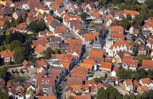 Aerial view, old town centre, Rietberg town hall, catholic parish church St. Johannes Baptist, Rietberg, OWL, Ostwestfalen-Lippe, East Westphalia, North Rhine-Westphalia, Germany, Old Town Bolzenmarkt, Old Town view, place of worship, authority, DE, Europe, half-timbered houses, religious community, place of worship, holy site, church, parish, denomination, aerial view, aerial photography, aerial photography, OWL-Buch, OWL-Buch, parish church, town hall, Rathausstraße, religion, religious site, place of interest, city administration, overview, administration, bird's-eye view, birds-eyes view, historic city centre, overview