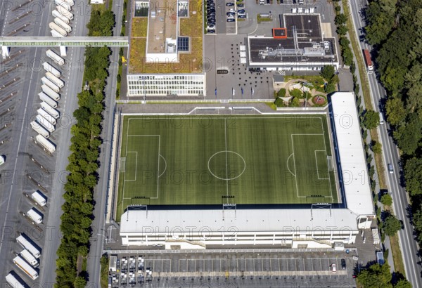 Aerial view, Corona at Tönnies, headquarters of Fleischfabrik Tönnies Lebensmittel GmbH & Co. KG, Nordrheda-Ems, Rheda-Wiedenbrück, Ostwestfalen, North Rhine-Westphalia, Germany, DE, Europe, birds-eyes view, aerial view, aerial photography, aerial photography, overview, bird's eye view, corona outbreak at Tönnies meat factory, air cooling, cutting plant, slaughterhouse, lock-down, corona pandemic, pandemic, don't call it Schnitzel, Tillmans, Tillman's, lorry trailer, refrigerated trailer, company closure