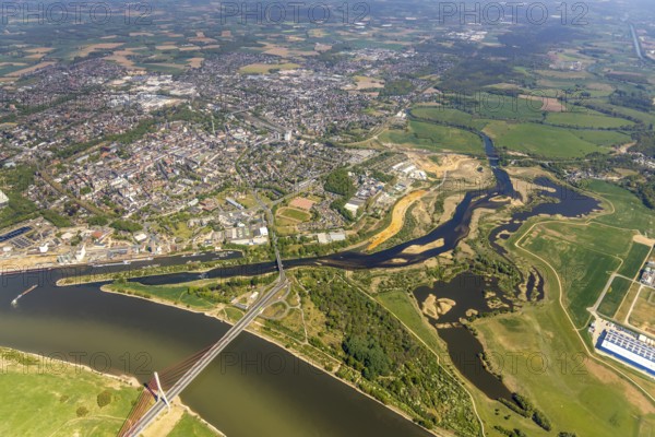 Aerial view, new mouth of the river Lippe near Wesel, Rhine, Rhine harbour, federal road connection B8 and B58, Wesel, Lower Rhine, Ruhr area, North Rhine-Westphalia, Germany