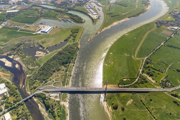 Aerial view, new mouth of the river Lippe near Wesel, Rhine, Rhine harbour, federal road connection B8 and B58, Wesel, Lower Rhine, Ruhr area, North Rhine-Westphalia, Germany