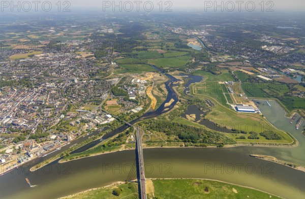 Aerial view, new mouth of the river Lippe near Wesel, Rhine, Rhine harbour, federal road connection B8 and B58, Wesel, Lower Rhine, Ruhr area, North Rhine-Westphalia, Germany