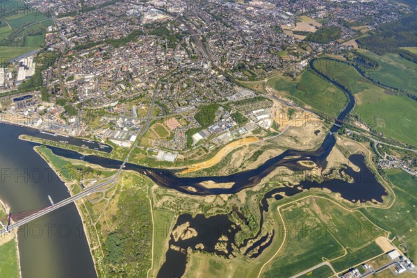 Aerial view, new mouth of the river Lippe near Wesel, Rhine, Rhine harbour, federal road connection B8 and B58, Wesel, Lower Rhine, Ruhr area, North Rhine-Westphalia, Germany