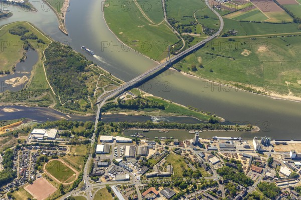 Aerial view, new mouth of the river Lippe near Wesel, Rhine, Rhine harbour, federal road connection B8 and B58, Wesel, Lower Rhine, Ruhr area, North Rhine-Westphalia, Germany