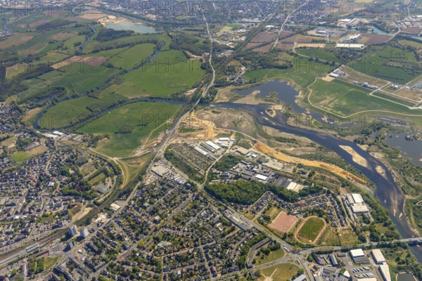 Aerial view, new mouth of the river Lippe near Wesel, Rhine, Rhine harbour, federal road connection B8 and B58, Wesel, Lower Rhine, Ruhr area, North Rhine-Westphalia, Germany
