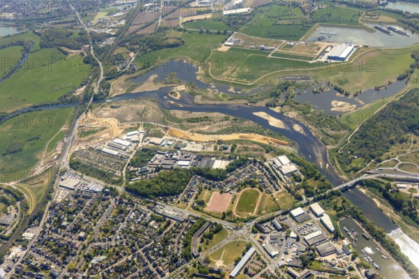 Aerial view, new mouth of the river Lippe near Wesel, Rhine, Rhine harbour, federal road connection B8 and B58, Wesel, Lower Rhine, Ruhr area, North Rhine-Westphalia, Germany