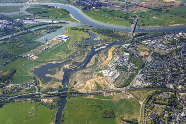 Aerial view, new mouth of the river Lippe near Wesel, Rhine, Rhine harbour, federal road connection B8 and B58, Wesel, Lower Rhine, Ruhr area, North Rhine-Westphalia, Germany