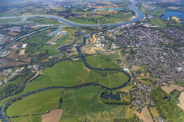 Aerial view, new mouth of the river Lippe near Wesel, Rhine, Rhine harbour, federal road connection B8 and B58, Wesel, Lower Rhine, Ruhr area, North Rhine-Westphalia, Germany