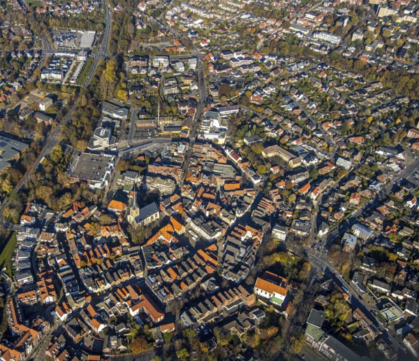 Aerial view, town centre, centre of Werne, St. Christophorus Church, historic town hall, Werne town hall, market square, churchyard, Steinstraße, Werne, Ruhr area, North Rhine-Westphalia, Germany