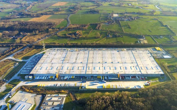 Aerial view, industrial estate in Lenklar, in the Wahrbrink-West industrial estate, Euroroll GmbH, new production facility, Amazon, Thermo Sensor, Rollex conveyor elements, Werne, Ruhr area, North Rhine-Westphalia, Germany