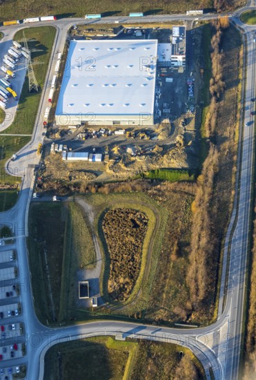 Aerial view, industrial estate in Lenklar, in the Wahrbrink-West industrial estate, Euroroll GmbH, new production facility, Amazon, Thermo Sensor, Rollex conveyor elements, Werne, Ruhr area, North Rhine-Westphalia, Germany