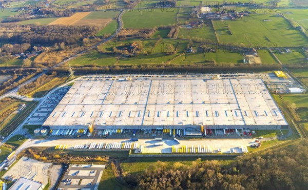 Aerial view, industrial estate in Lenklar, in the Wahrbrink-West industrial estate, Euroroll GmbH, new production facility, Amazon, Thermo Sensor, Rollex conveyor elements, Werne, Ruhr area, North Rhine-Westphalia, Germany