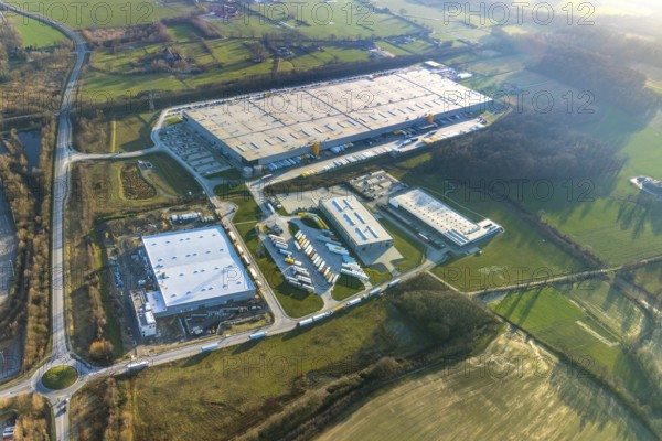 Aerial view, industrial estate in Lenklar, in the Wahrbrink-West industrial estate, Euroroll GmbH, new production facility, Amazon, Thermo Sensor, Rollex conveyor elements, Werne, Ruhr area, North Rhine-Westphalia, Germany