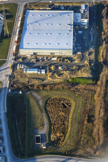 Aerial view, industrial estate in Lenklar, in the Wahrbrink-West industrial estate, Euroroll GmbH, new production facility, Amazon, Thermo Sensor, Rollex conveyor elements, Werne, Ruhr area, North Rhine-Westphalia, Germany