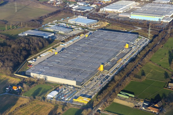 Aerial view, industrial estate in Lenklar, in the Wahrbrink-West industrial estate, Euroroll GmbH, new production facility, Amazon, Thermo Sensor, Rollex conveyor elements, Werne, Ruhr area, North Rhine-Westphalia, Germany