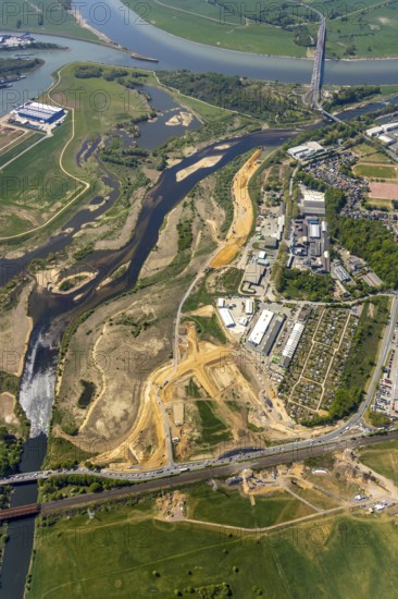 Aerial view, new mouth of the river Lippe near Wesel, Rhine, Rhine harbour, federal road connection B8 and B58, Wesel, Lower Rhine, Ruhr area, North Rhine-Westphalia, Germany