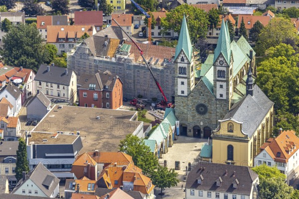 Aerial view, Catholic pilgrimage basilica of the Visitation of the Virgin Mary, Franciscan monastery, renovation of monastery facade, scaffolding around facade, Werl, Soester Börde, North Rhine-Westphalia, Germany