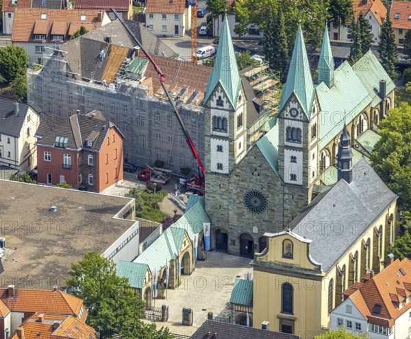 Aerial view, Catholic pilgrimage basilica of the Visitation of the Virgin Mary, Franciscan monastery, renovation of monastery facade, scaffolding around facade, Werl, Soester Börde, North Rhine-Westphalia, Germany