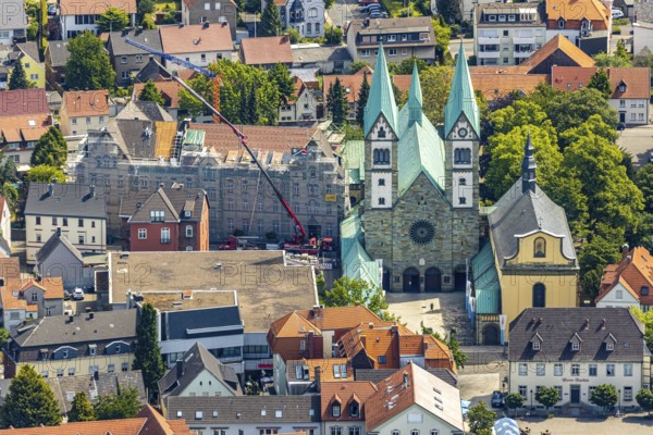 Aerial view, Catholic pilgrimage basilica of the Visitation of the Virgin Mary, Franciscan monastery, renovation of monastery facade, scaffolding around facade, Werl, Soester Börde, North Rhine-Westphalia, Germany