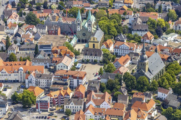 Aerial view, Catholic pilgrimage basilica of the Visitation of the Virgin Mary, Franciscan monastery, renovation of monastery facade, scaffolding around facade, Werl, Soester Börde, North Rhine-Westphalia, Germany