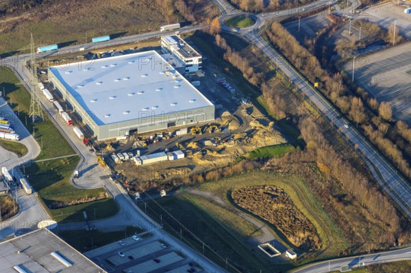 Aerial view, industrial estate in Lenklar, in the Wahrbrink-West industrial estate, Euroroll GmbH, new production facility, Amazon, Thermo Sensor, Rollex conveyor elements, Werne, Ruhr area, North Rhine-Westphalia, Germany