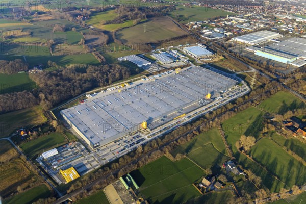 Aerial view, industrial estate in Lenklar, in the Wahrbrink-West industrial estate, Euroroll GmbH, new production facility, Amazon, Thermo Sensor, Rollex conveyor elements, Werne, Ruhr area, North Rhine-Westphalia, Germany