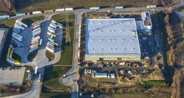 Aerial view, industrial estate in Lenklar, in the Wahrbrink-West industrial estate, Euroroll GmbH, new production facility, Amazon, Thermo Sensor, Rollex conveyor elements, Werne, Ruhr area, North Rhine-Westphalia, Germany