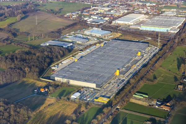 Aerial view, industrial estate in Lenklar, in the Wahrbrink-West industrial estate, Euroroll GmbH, new production facility, Amazon, Thermo Sensor, Rollex conveyor elements, Werne, Ruhr area, North Rhine-Westphalia, Germany