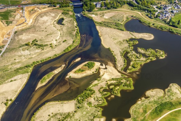 Aerial view, new mouth of the river Lippe near Wesel, Rhine, Rhine harbour, federal road connection B8 and B58, Wesel, Lower Rhine, Ruhr area, North Rhine-Westphalia, Germany