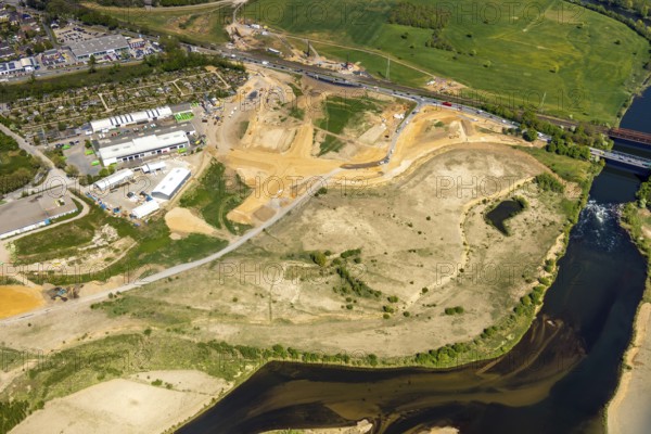 Aerial view, new mouth of the river Lippe near Wesel, Rhine, Rhine harbour, federal road connection B8 and B58, Wesel, Lower Rhine, Ruhr area, North Rhine-Westphalia, Germany