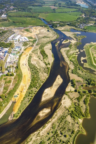 Aerial view, new mouth of the river Lippe near Wesel, Rhine, Rhine harbour, federal road connection B8 and B58, Wesel, Lower Rhine, Ruhr area, North Rhine-Westphalia, Germany