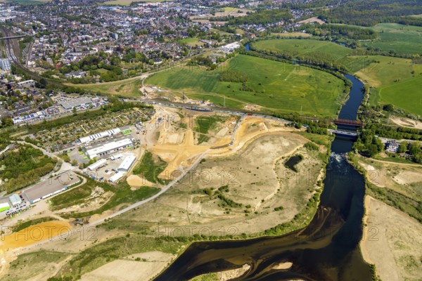 Aerial view, new mouth of the river Lippe near Wesel, Rhine, Rhine harbour, federal road connection B8 and B58, Wesel, Lower Rhine, Ruhr area, North Rhine-Westphalia, Germany