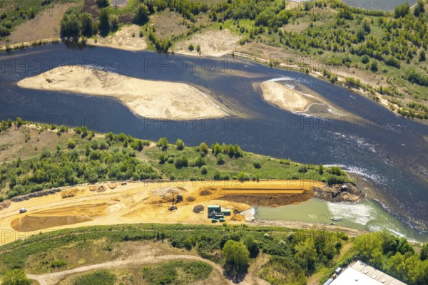 Aerial view, new mouth of the river Lippe near Wesel, Rhine, Rhine harbour, federal road connection B8 and B58, Wesel, Lower Rhine, Ruhr area, North Rhine-Westphalia, Germany