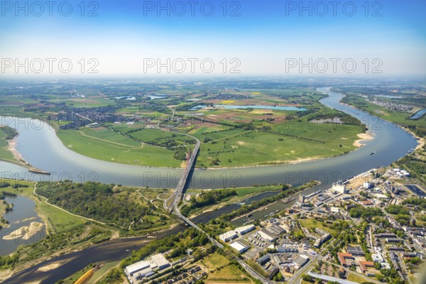 Aerial view, new mouth of the river Lippe near Wesel, Rhine, Rhine harbour, federal road connection B8 and B58, Wesel, Lower Rhine, Ruhr area, North Rhine-Westphalia, Germany