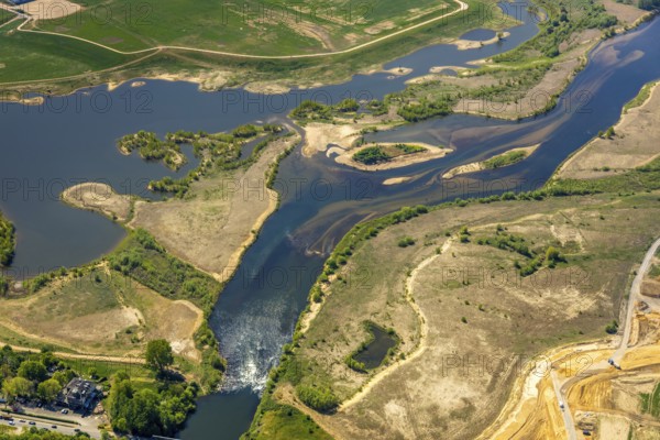 Aerial view, new mouth of the river Lippe near Wesel, Rhine, Rhine harbour, federal road connection B8 and B58, Wesel, Lower Rhine, Ruhr area, North Rhine-Westphalia, Germany