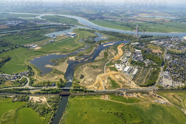 Aerial view, new mouth of the river Lippe near Wesel, Rhine, Rhine harbour, federal road connection B8 and B58, Wesel, Lower Rhine, Ruhr area, North Rhine-Westphalia, Germany