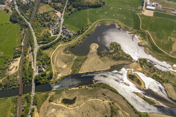 Aerial view, new mouth of the river Lippe near Wesel, Rhine, Rhine harbour, federal road connection B8 and B58, Wesel, Lower Rhine, Ruhr area, North Rhine-Westphalia, Germany