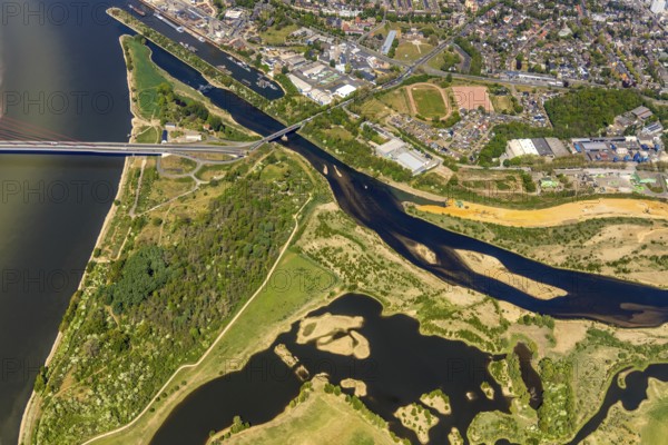 Aerial view, new mouth of the river Lippe near Wesel, Rhine, Rhine harbour, federal road connection B8 and B58, Wesel, Lower Rhine, Ruhr area, North Rhine-Westphalia, Germany