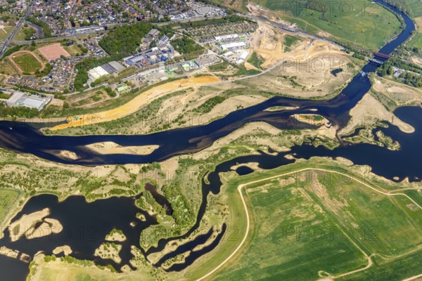 Aerial view, new mouth of the river Lippe near Wesel, Rhine, Rhine harbour, federal road connection B8 and B58, Wesel, Lower Rhine, Ruhr area, North Rhine-Westphalia, Germany
