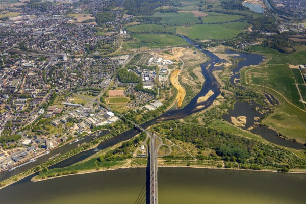 Aerial view, new mouth of the river Lippe near Wesel, Rhine, Rhine harbour, federal road connection B8 and B58, Wesel, Lower Rhine, Ruhr area, North Rhine-Westphalia, Germany