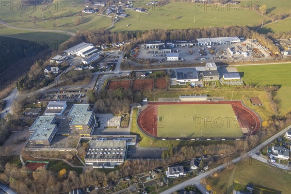Aerial view, Obringhauser Straße school centre, municipal grammar school, sports field, Sauerland leisure world, Wormbach, Schmallenberg, Sauerland, North Rhine-Westphalia, Germany, Auf dem Loh, education, educational institution, DE, Europe, football pitch, football stadium, grammar school, teaching institute, aerial view, aerial photography, aerial photography, Obringhauser Straße, photovoltaic, photovoltaic system, school, solar, solar system, solar energy, solar energy, sports, sports facilities, sports facility, stadium, tennis, tennis facility, tennis courts, overview, bird's-eye view, birds-eyes view, maschinen und technik Sauerland GmbH, overview